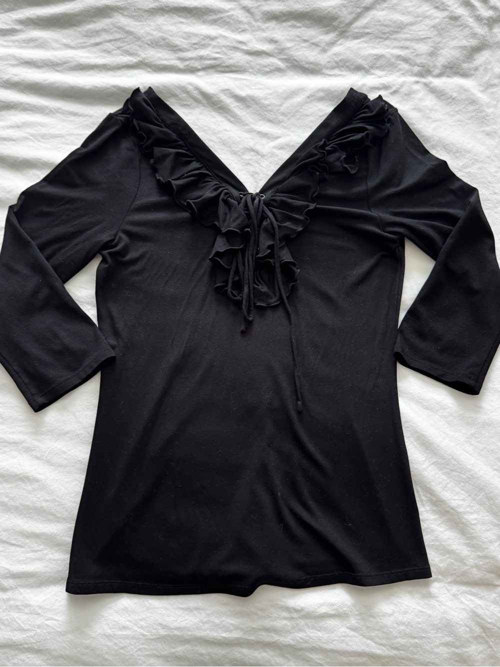 White House Black Market Black Ruffle V-Neck Blouse